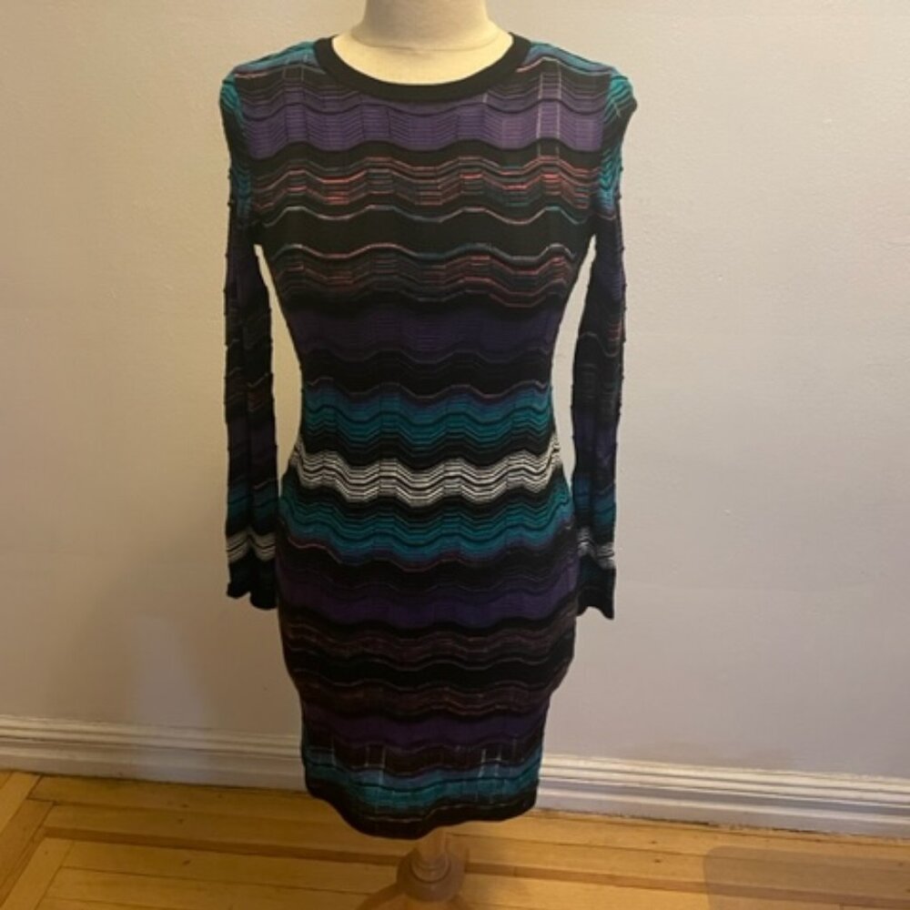 M Missoni long sleeve ballet neck dress in black, purple & teal chevron stripe
